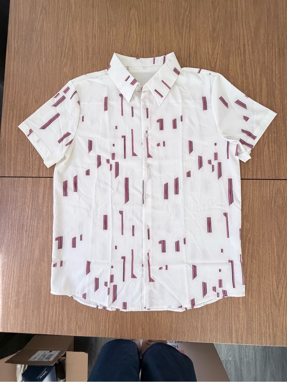 SHEIN White Short-Sleeve Button-Down Shirt with rust Stripe Motif